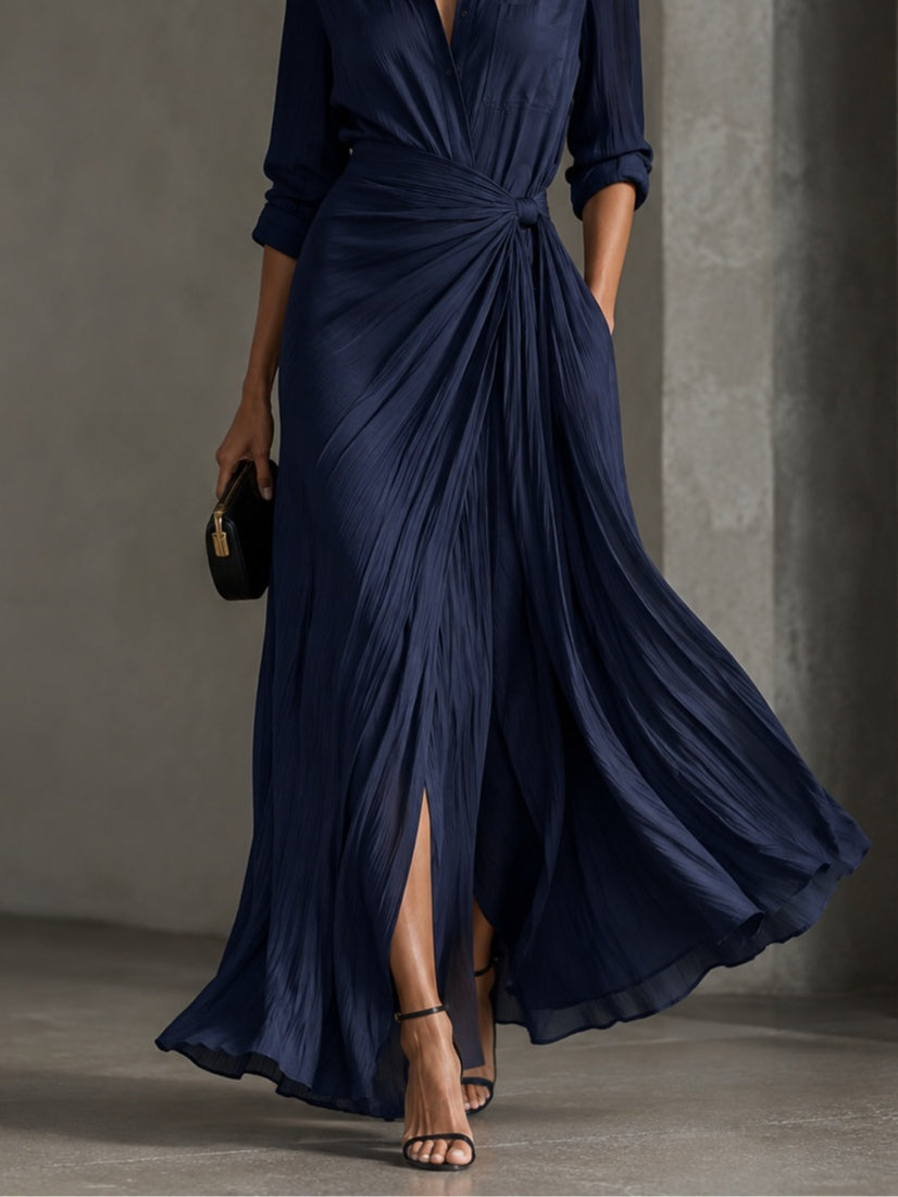 ISABELLE | Élégante robe-chemise longue bleu marine nouée