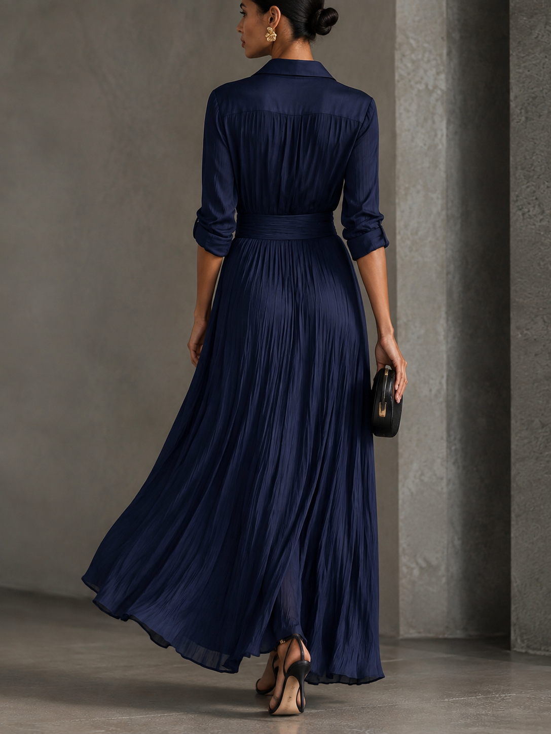 ISABELLE | Élégante robe-chemise longue bleu marine nouée