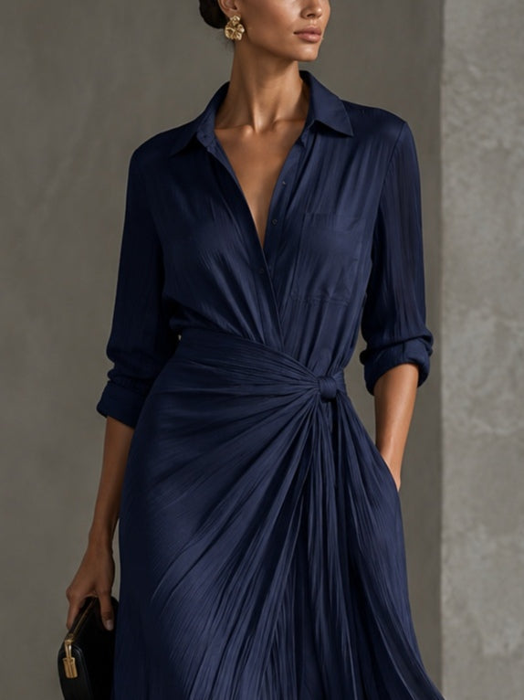 ISABELLE | Élégante robe-chemise longue bleu marine nouée