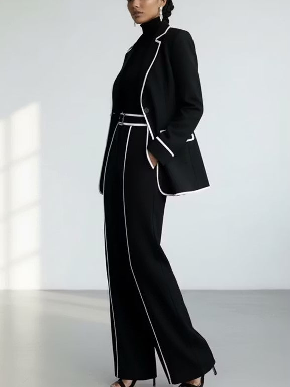 CLAUDINE | Ensemble deux pièces avec blazer à liseré noir contrastant et pantalon à jambes larges