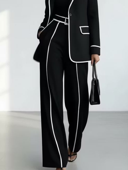 CLAUDINE | Ensemble deux pièces avec blazer à liseré noir contrastant et pantalon à jambes larges