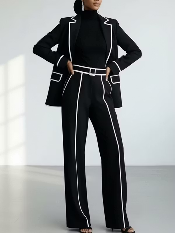 CLAUDINE | Ensemble deux pièces avec blazer à liseré noir contrastant et pantalon à jambes larges