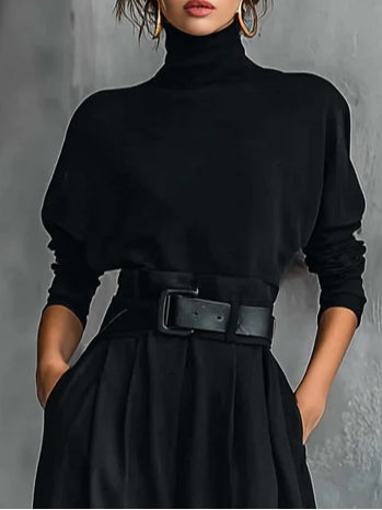 GENEVIÈVE | Ensemble noir à col montant et pantalon droit