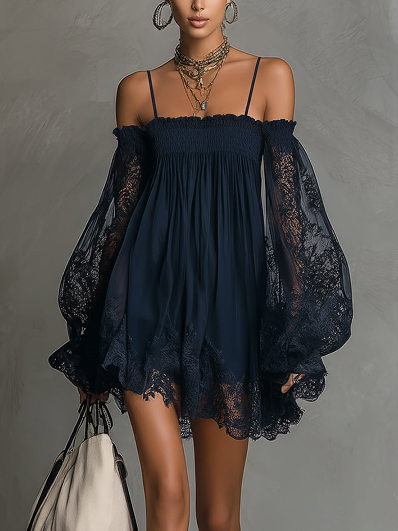 NOEMI| VESTIDO CORTO DE GASA AZUL MARINO