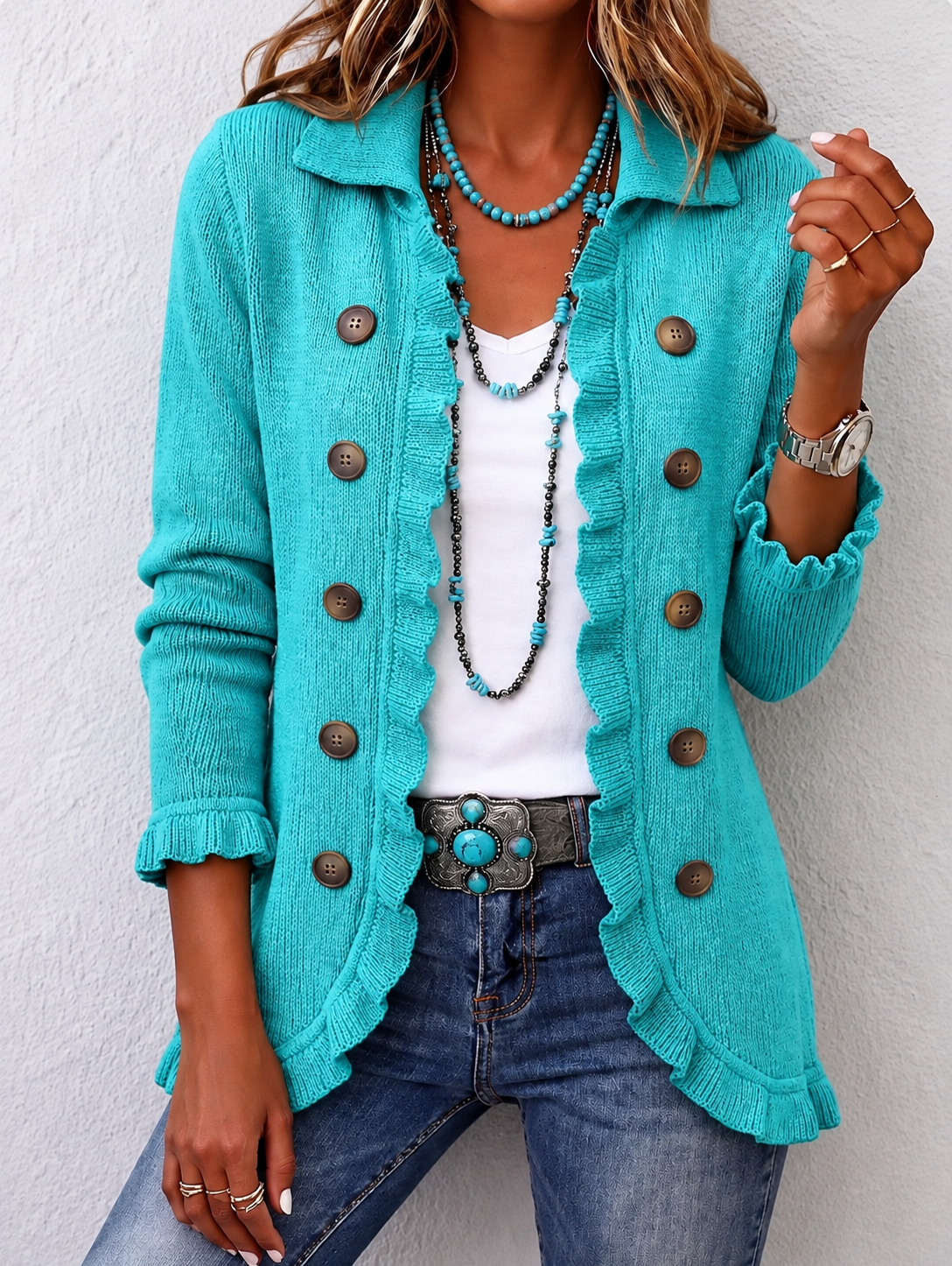 YOLANDE | Chaqueta de punto turquesa con volantes