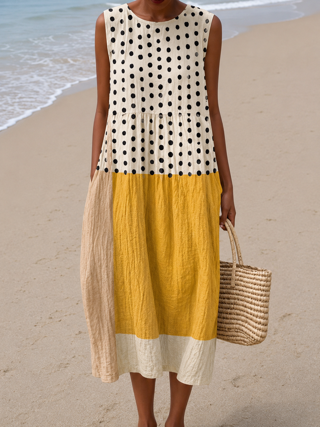Leah™ Vestido midi en bloques de color con lunares
