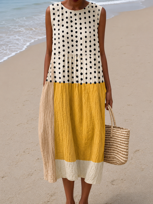 Leah™ Vestido midi en bloques de color con lunares