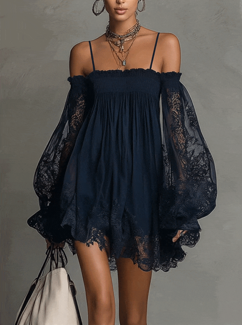 NOEMI| VESTIDO CORTO DE GASA AZUL MARINO