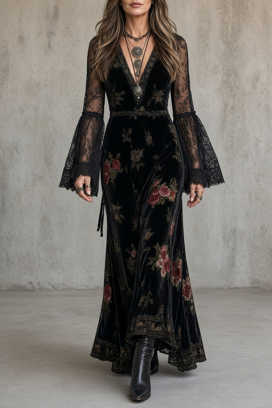 Natalie | Robe Longue en Velours Fleuri