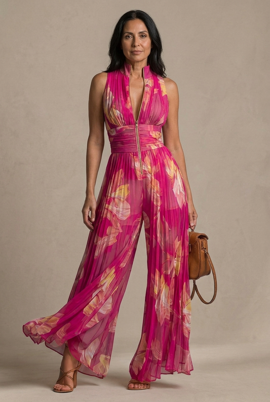 Nicole | Mono plisado de gasa con estampado floral fucsia