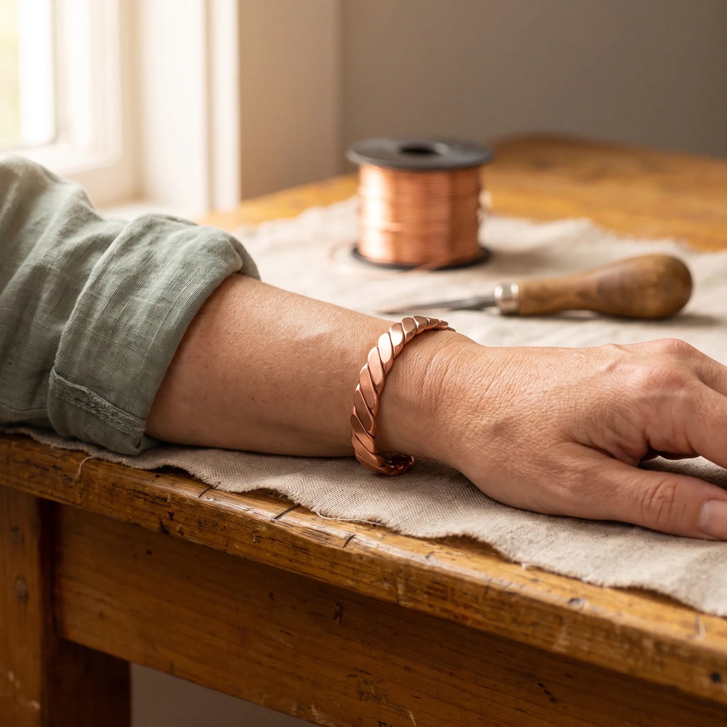 Pulsera de cobre con musgo