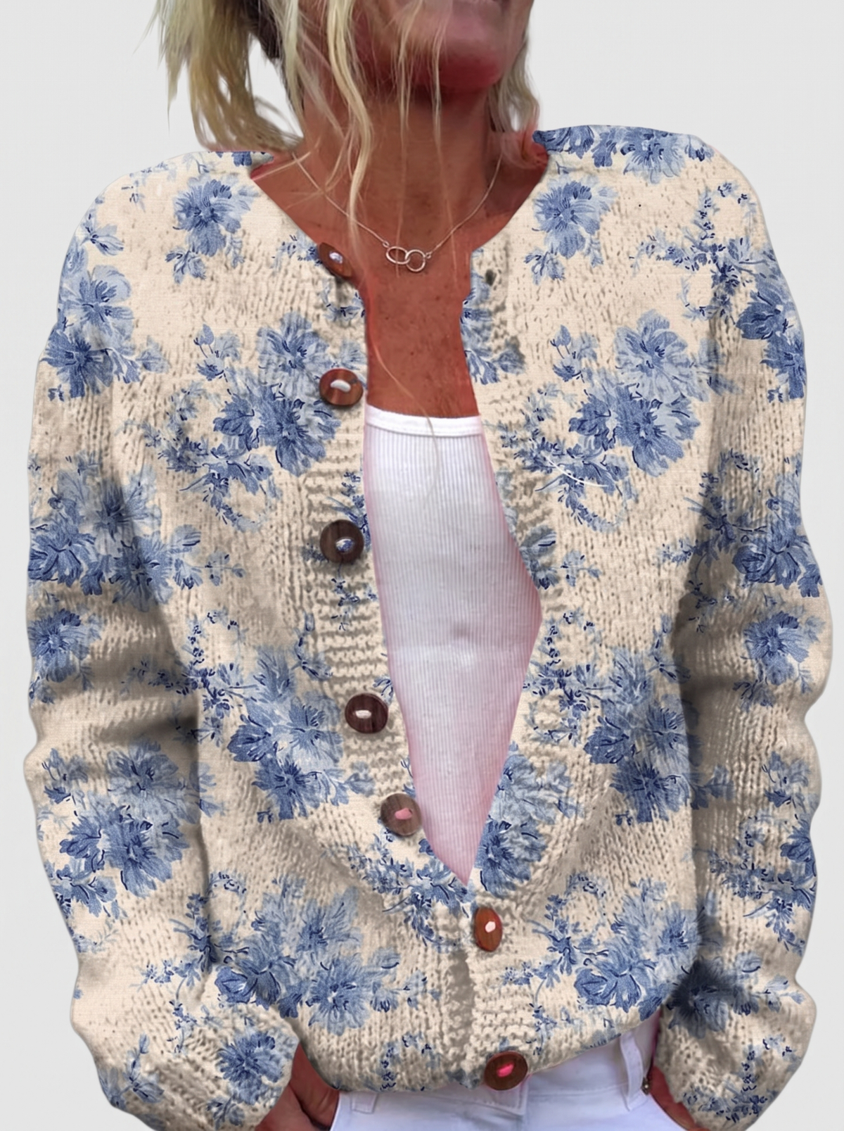 Mireille — Cardigan floral bleu