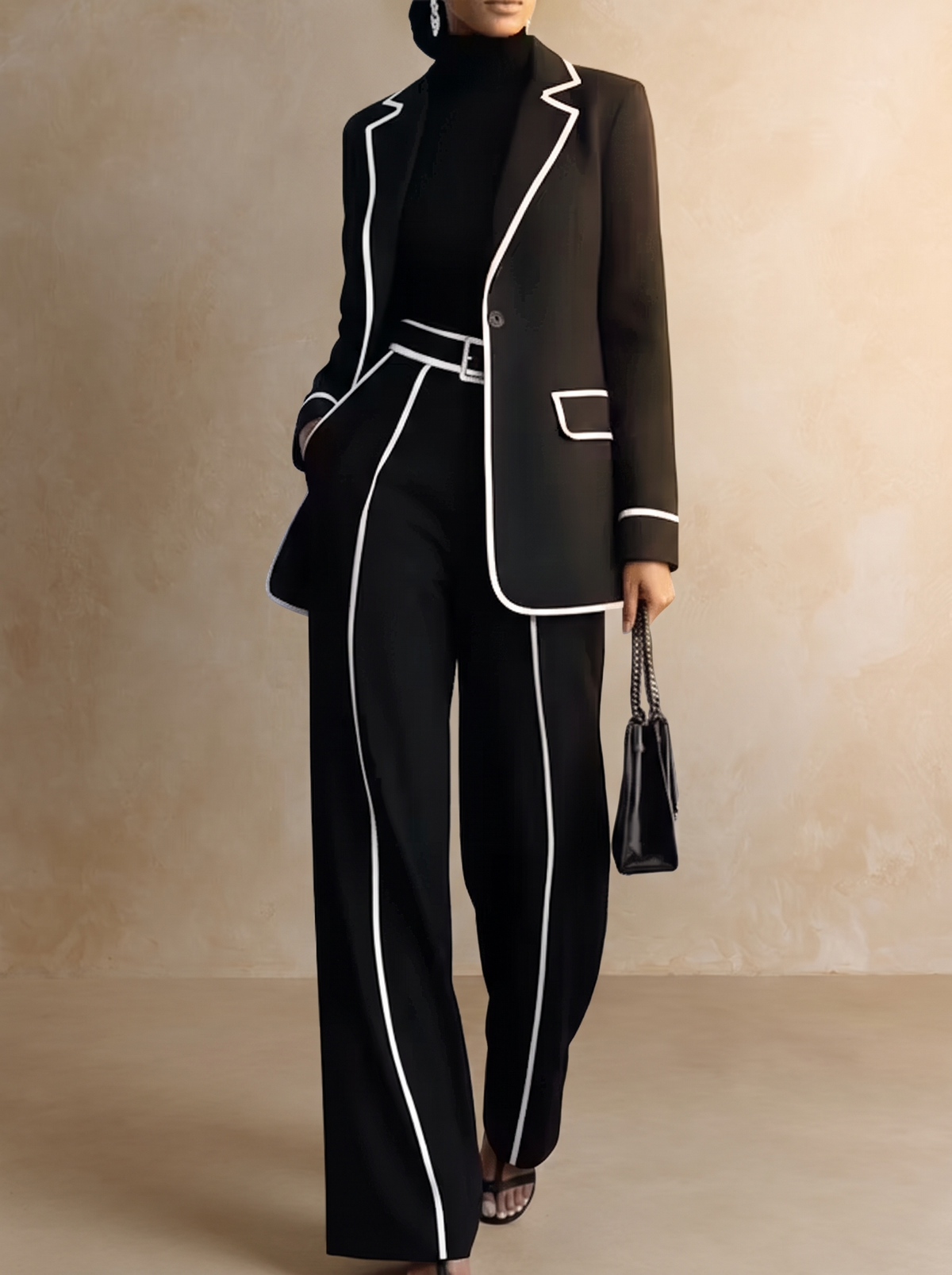 CLAUDINE | Ensemble deux pièces avec blazer à liseré noir contrastant et pantalon à jambes larges