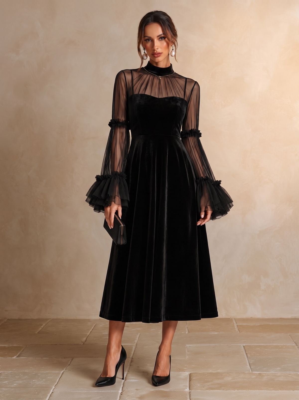 STÉPHANIE | Robe midi plissée en velours noir et résille transparente