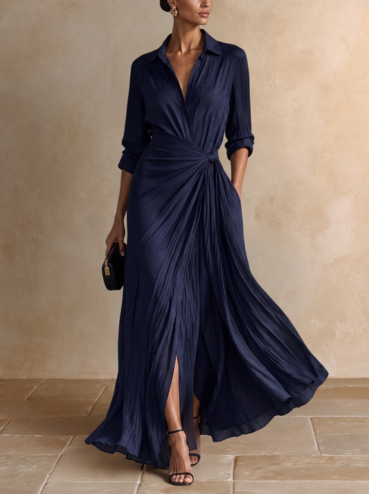 ISABELLE | Élégante robe-chemise longue bleu marine nouée
