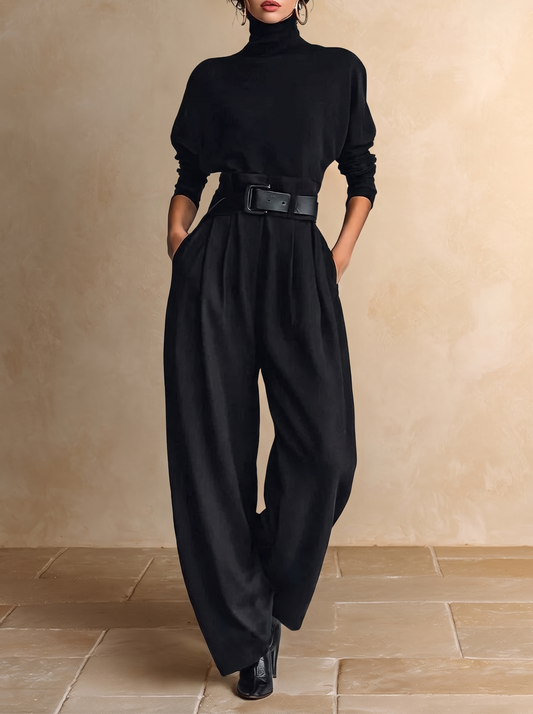 GENEVIÈVE | Ensemble noir à col montant et pantalon droit