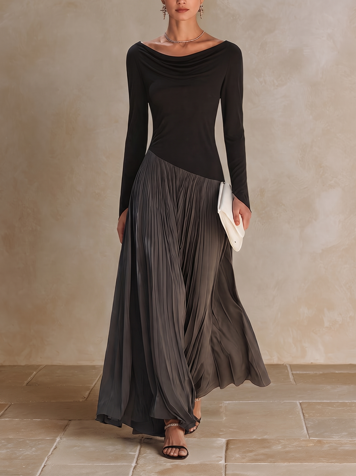 MARION | Robe maxi plissée à col drapé bicolore noire et grise