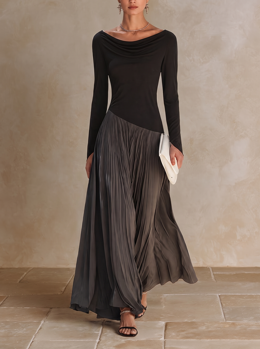 MARION | Robe maxi plissée à col drapé bicolore noire et grise