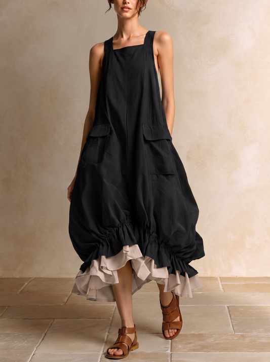 DANIELLE | Robe midi bouffante sans manches avec grandes poches, couches superposées et ourlet à volants