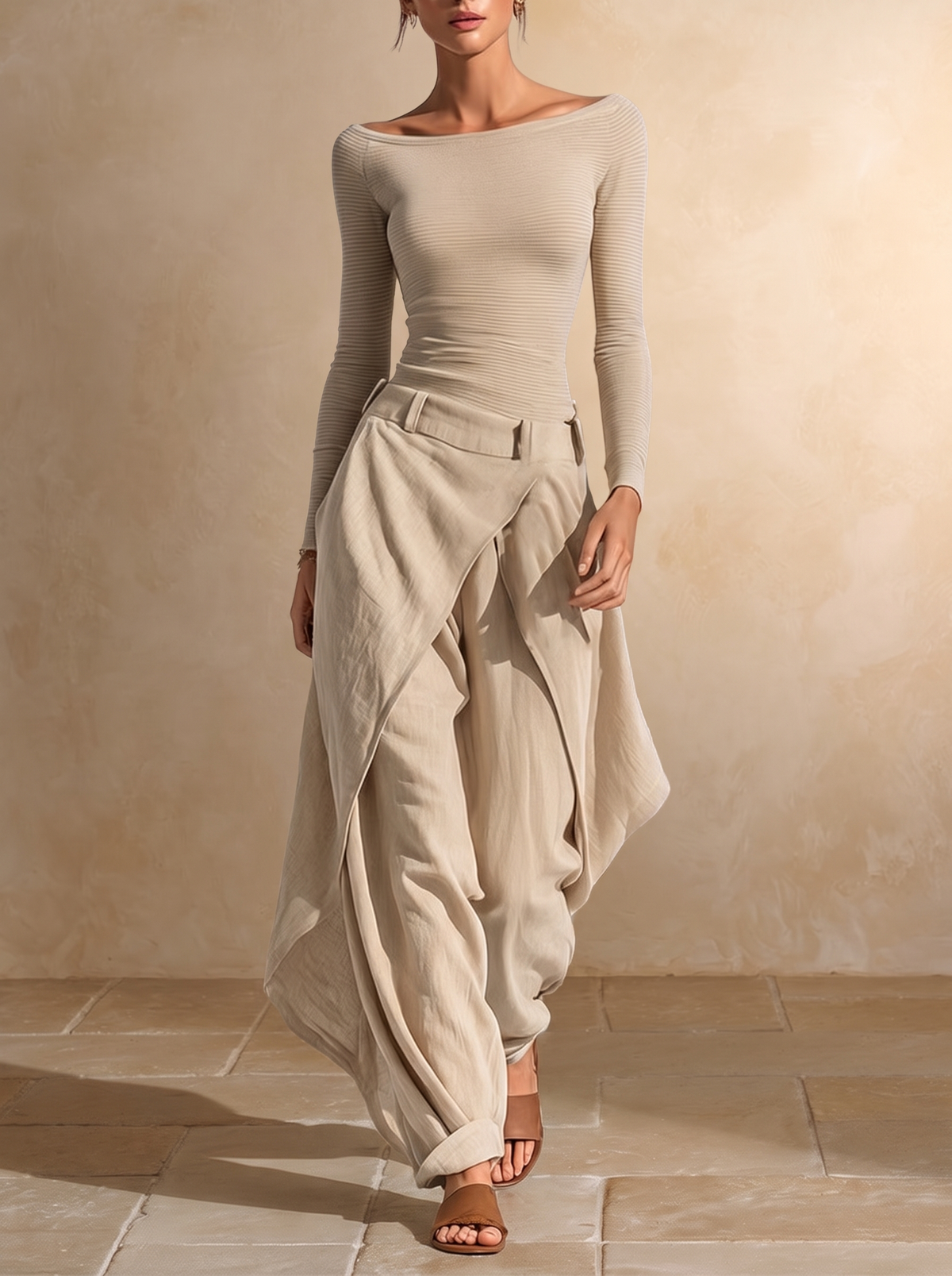 JULIENNE | Ensemble beige avec top à col bateau et pantalon large superposé
