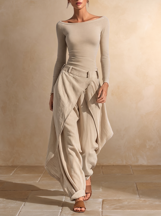 JULIENNE | Ensemble beige avec top à col bateau et pantalon large superposé