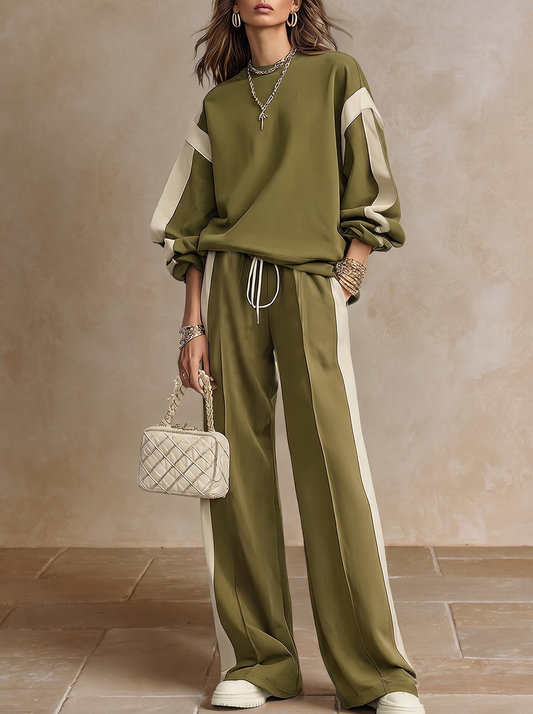 SONIA | Ensemble décontracté vert olive avec sweat-shirt à col rond et pantalon large à cordon de serrage