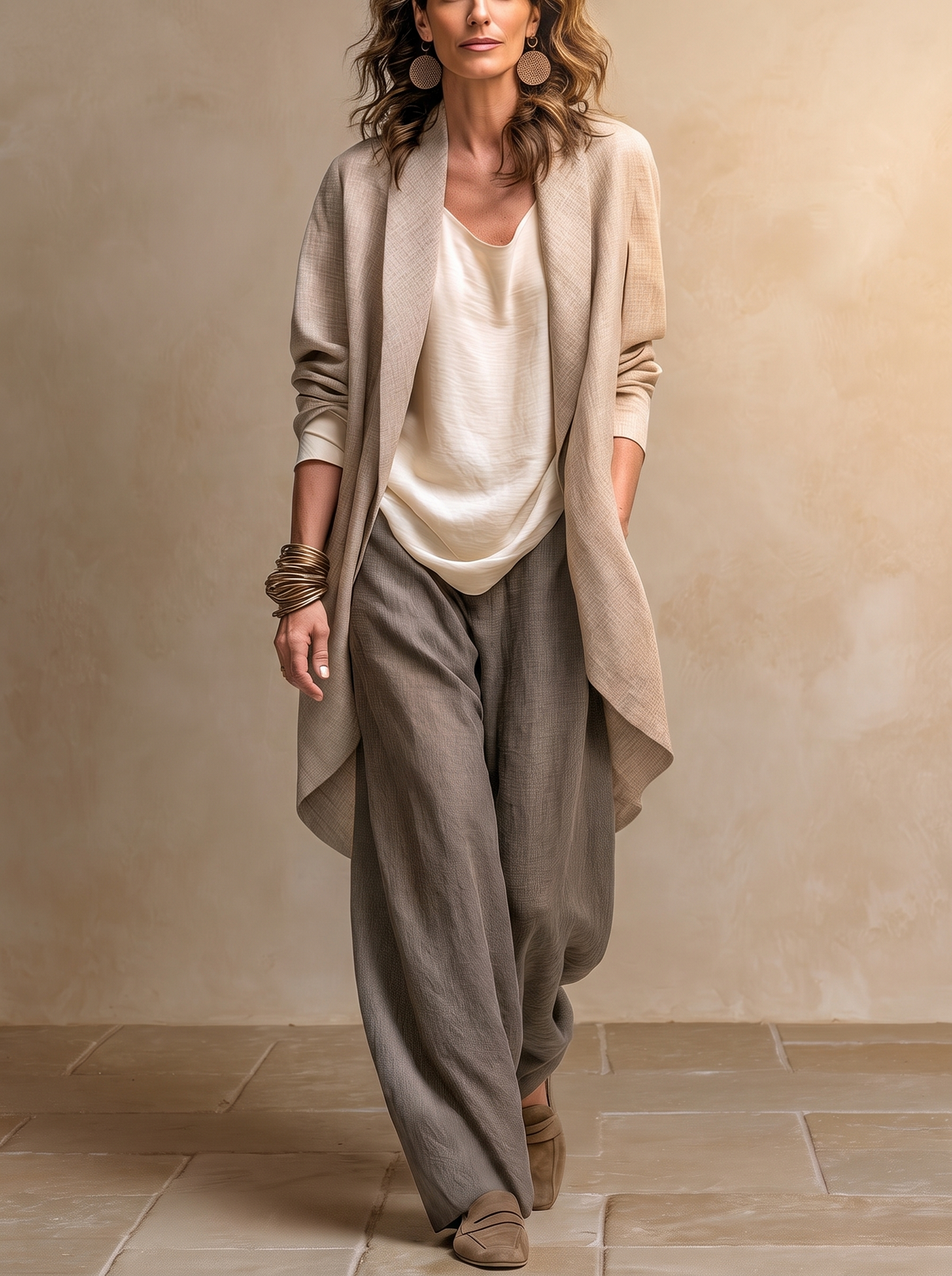 CONSTANCE | Ensemble trois pièces beige et gris, décontracté et superposé, avec pantalon palazzo élégant
