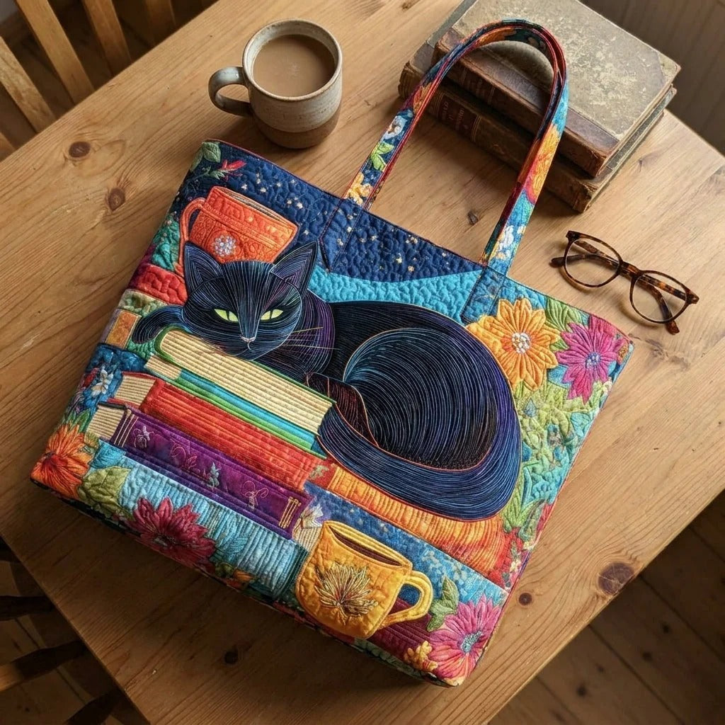 Sac cabas matelassé - Chat noir avec des livres et des tasses