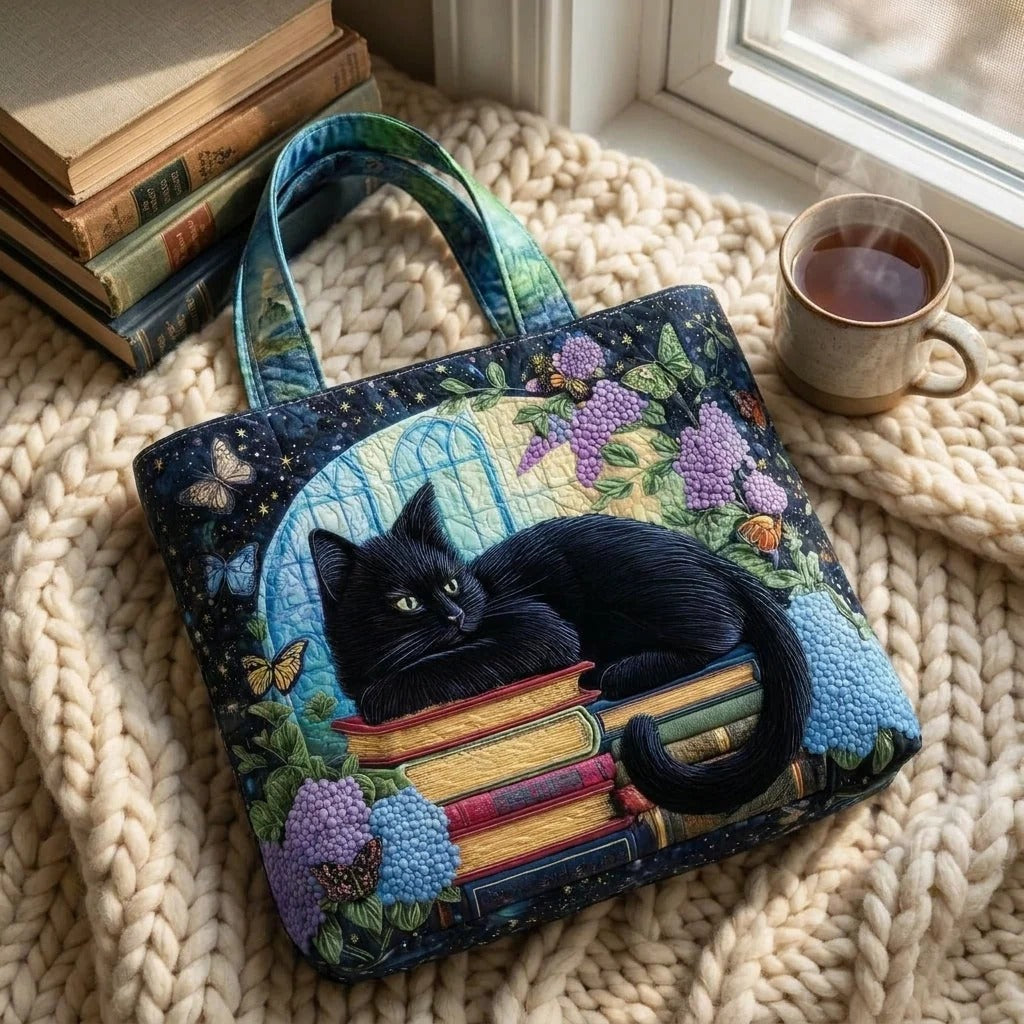 Sac cabas matelassé - Chat noir sur des livres