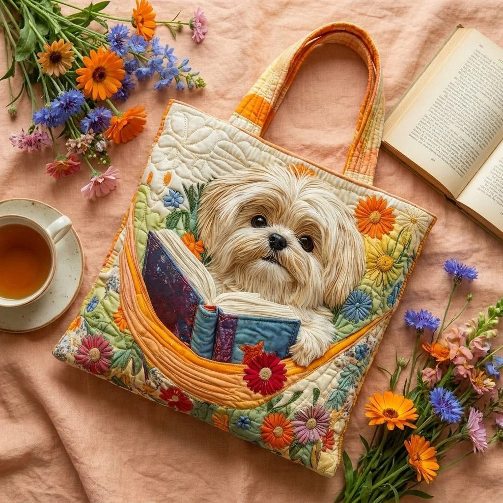 Sac fourre-tout matelassé – Shih Tzu avec des livres et des fleurs