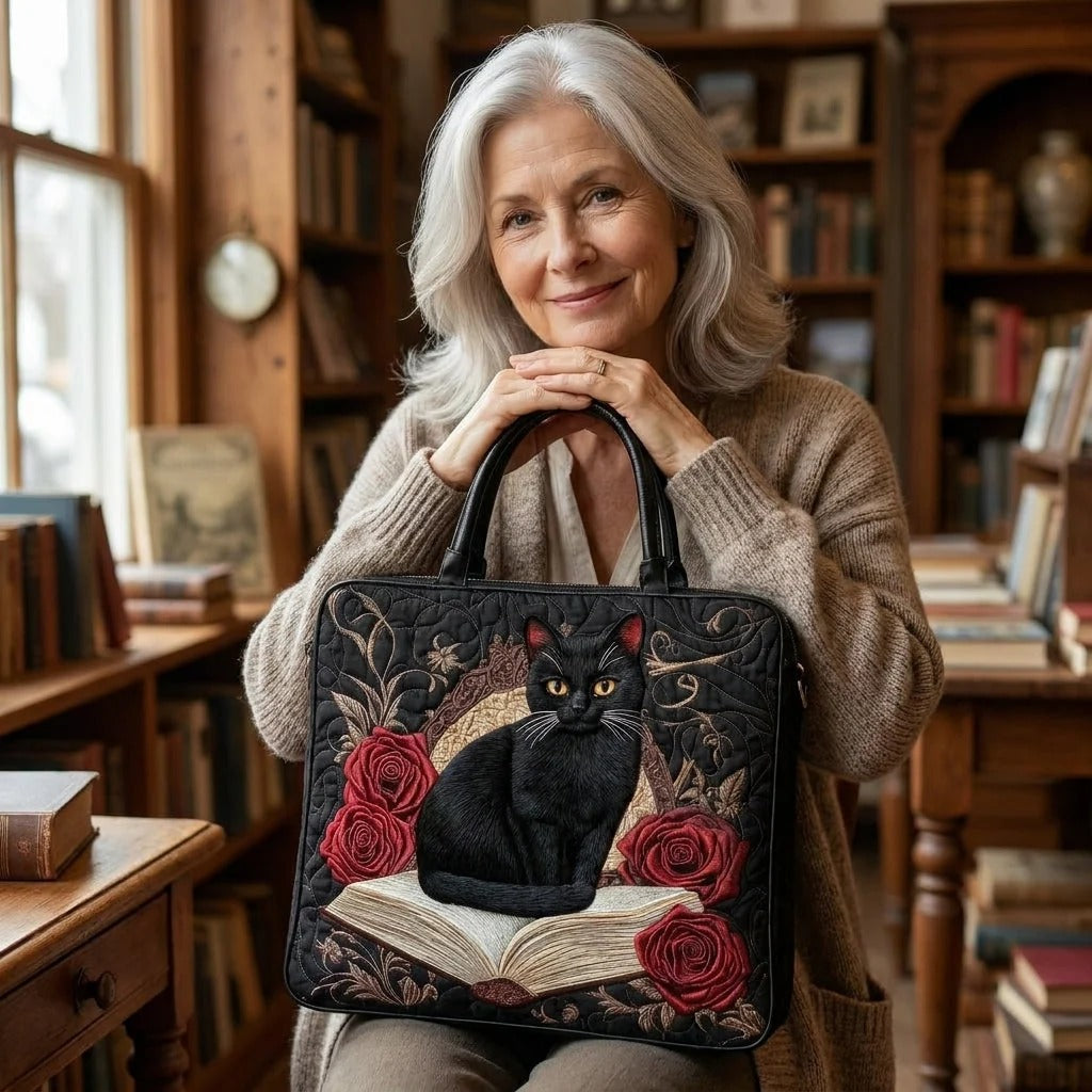 Sac cabas matelassé - Chat noir et roses rouges
