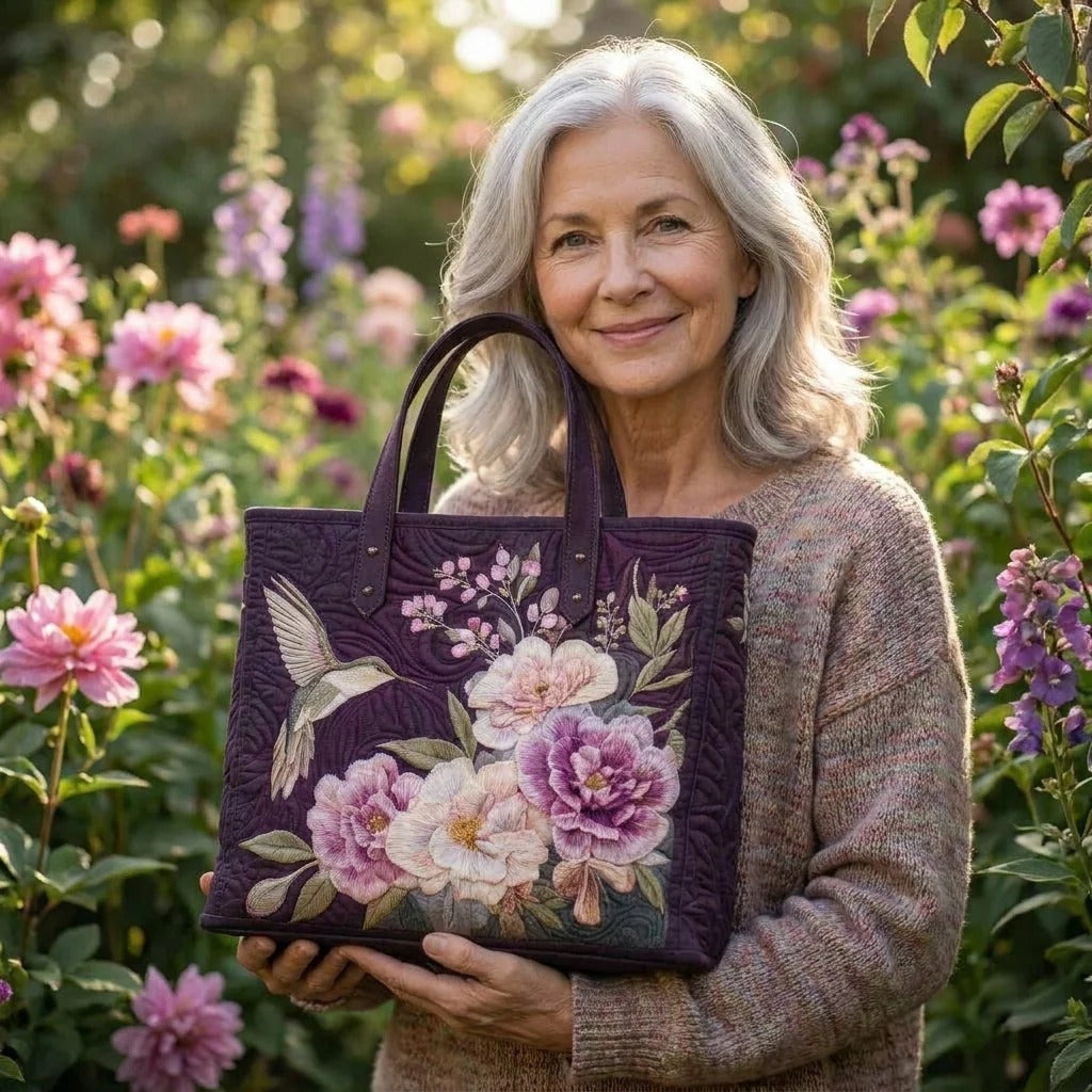 Sac fourre-tout matelassé - Colibri et fleurs roses