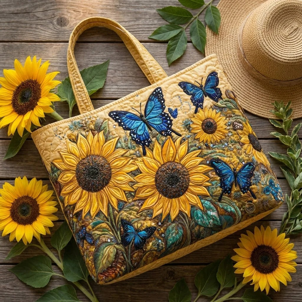 Sac cabas matelassé – tournesols et papillons bleus