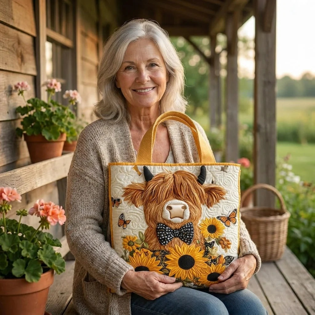 Sac cabas matelassé - Vache Highland avec tournesols