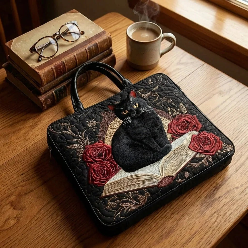 Sac cabas matelassé - Chat noir et roses rouges