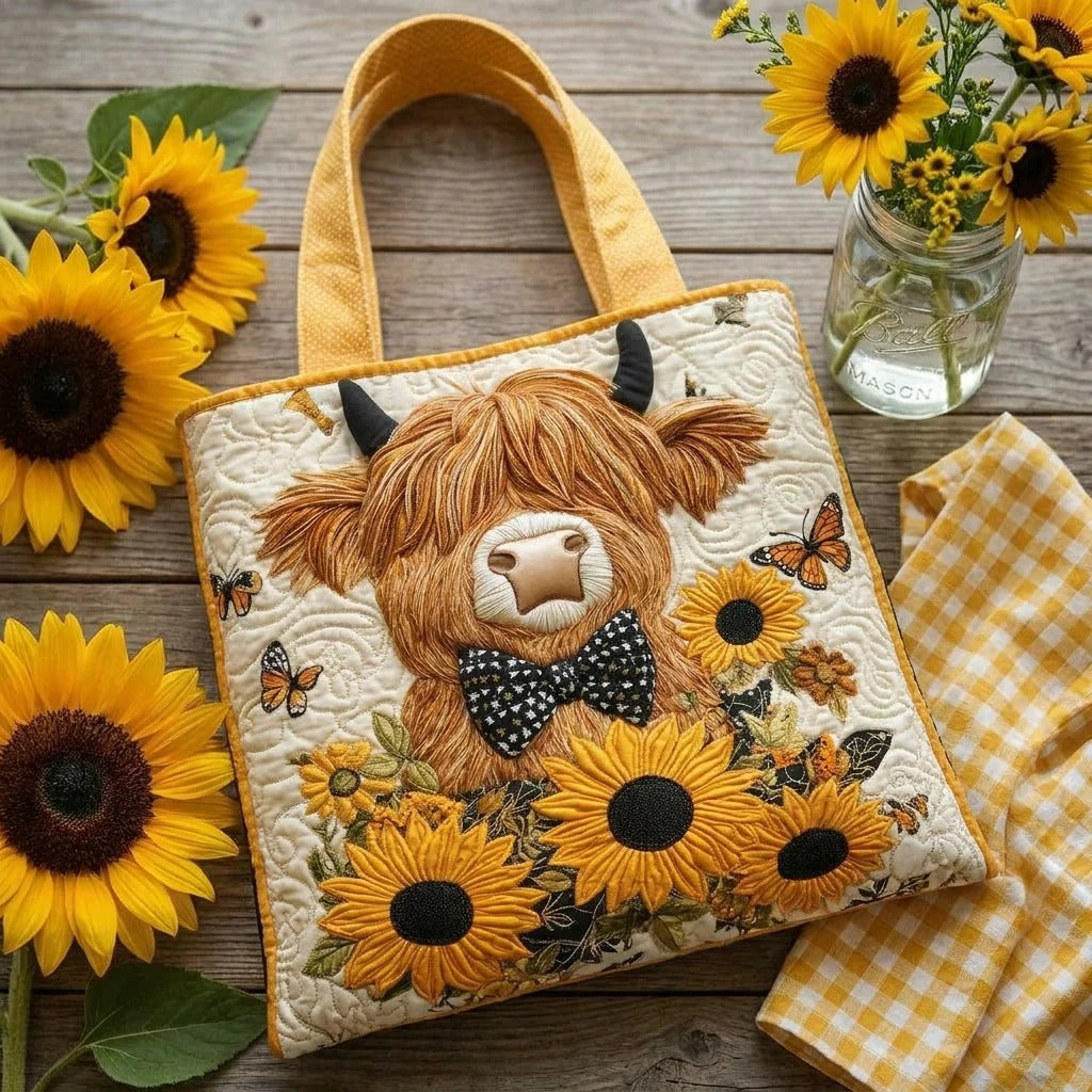 Sac cabas matelassé - Vache Highland avec tournesols