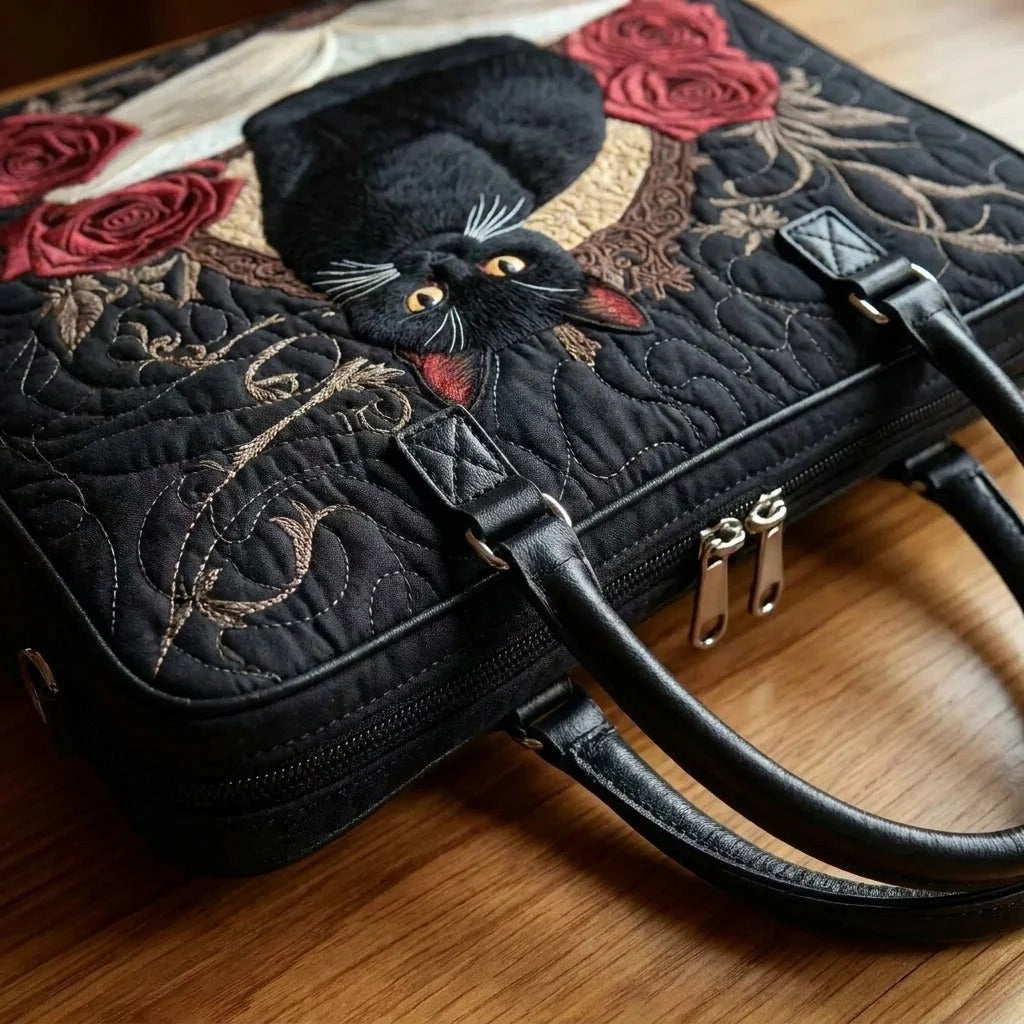 Sac cabas matelassé - Chat noir et roses rouges