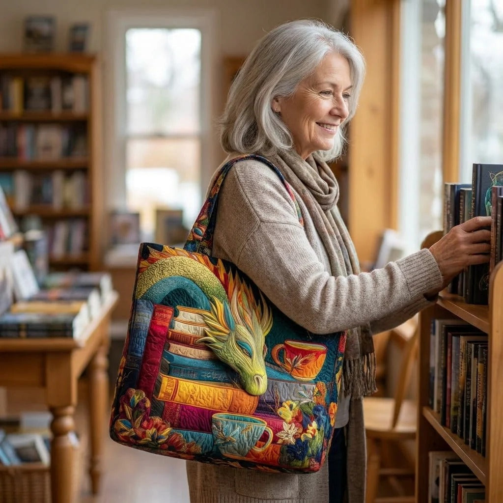 Sac cabas matelassé - Dragon lecteur avec des livres