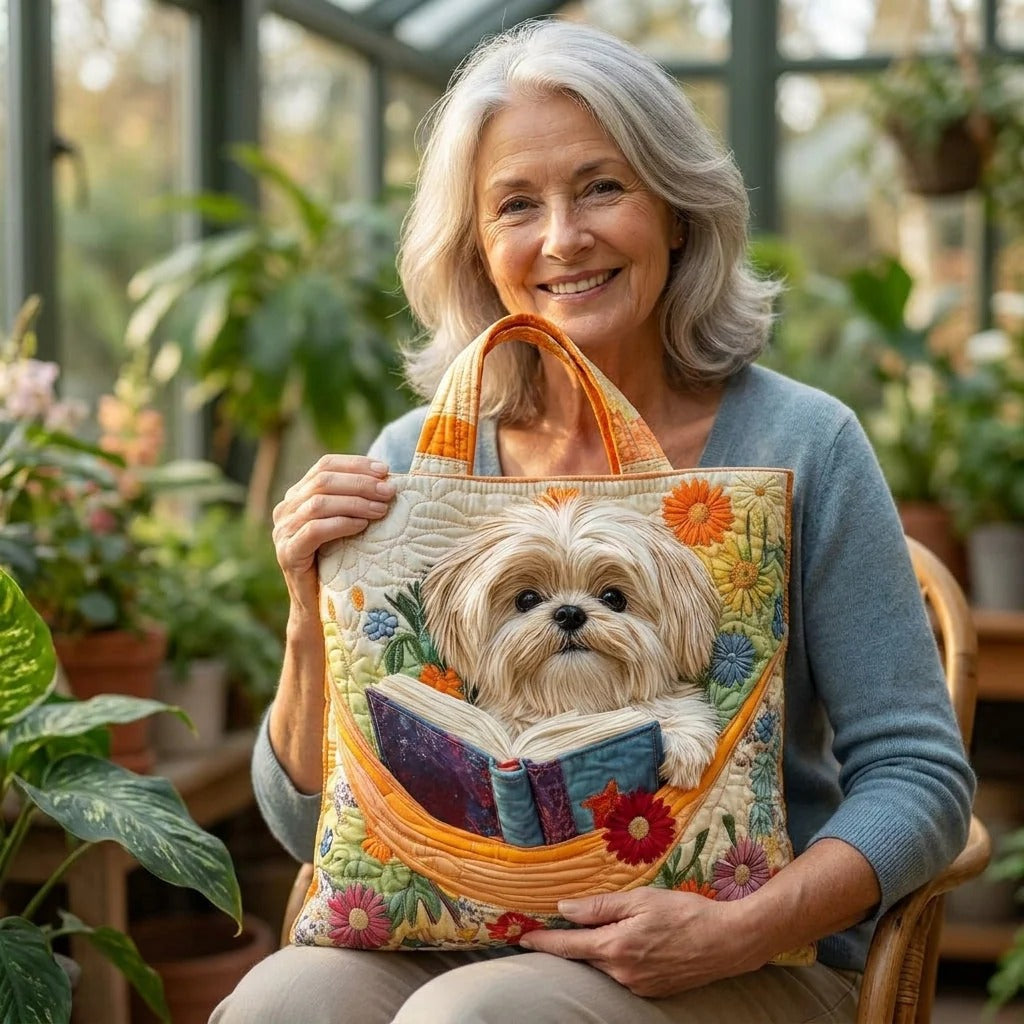 Sac fourre-tout matelassé – Shih Tzu avec des livres et des fleurs