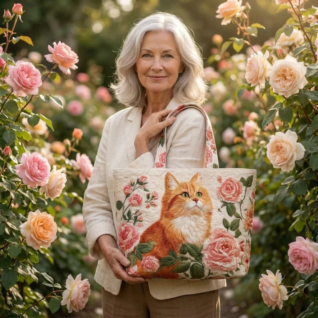 Sac cabas matelassé - Chat roux avec des roses
