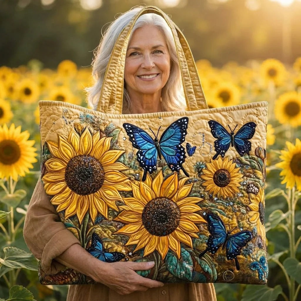 Sac cabas matelassé – tournesols et papillons bleus