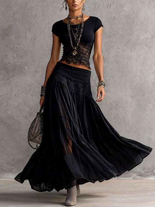 Eloise | Ensemble maxi en dentelle et plissé