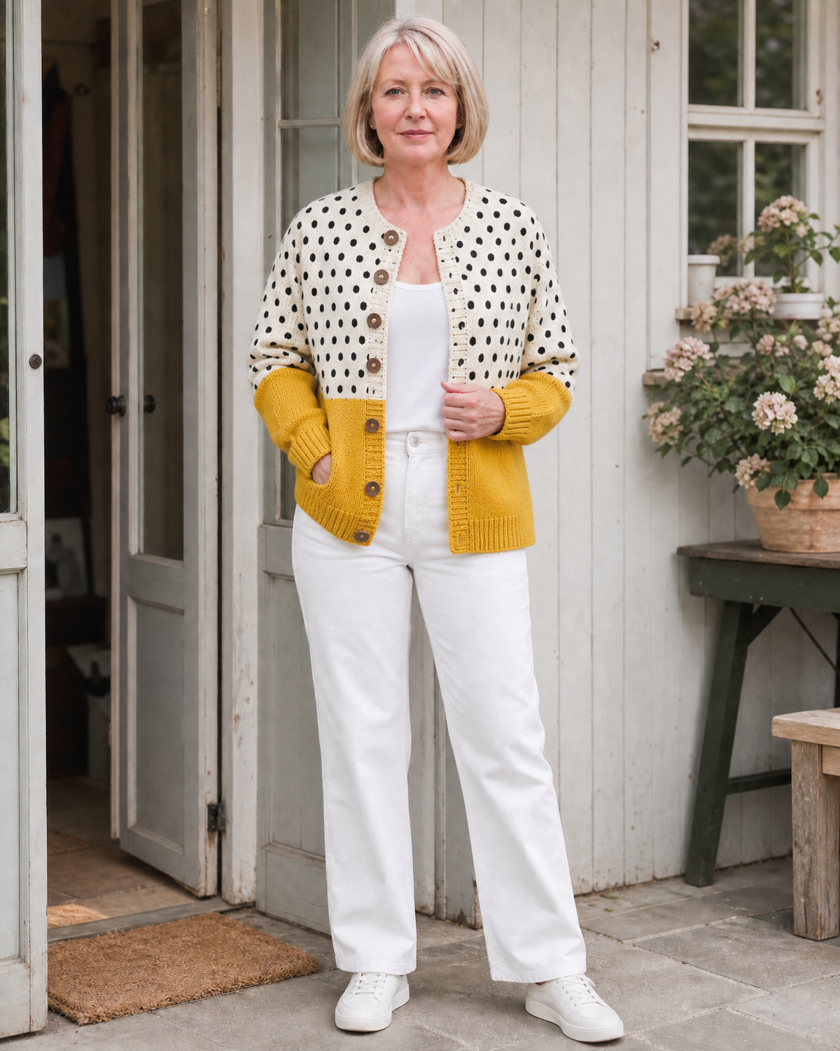 Manon | Cardigan en maille à pois et boutons en bois