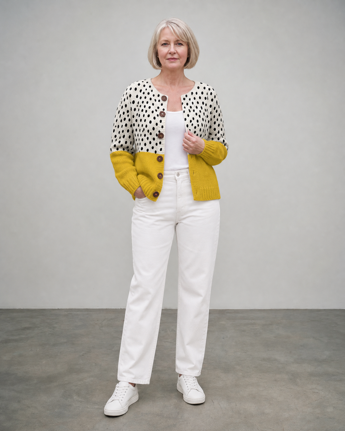 Manon | Cardigan en maille à pois et boutons en bois