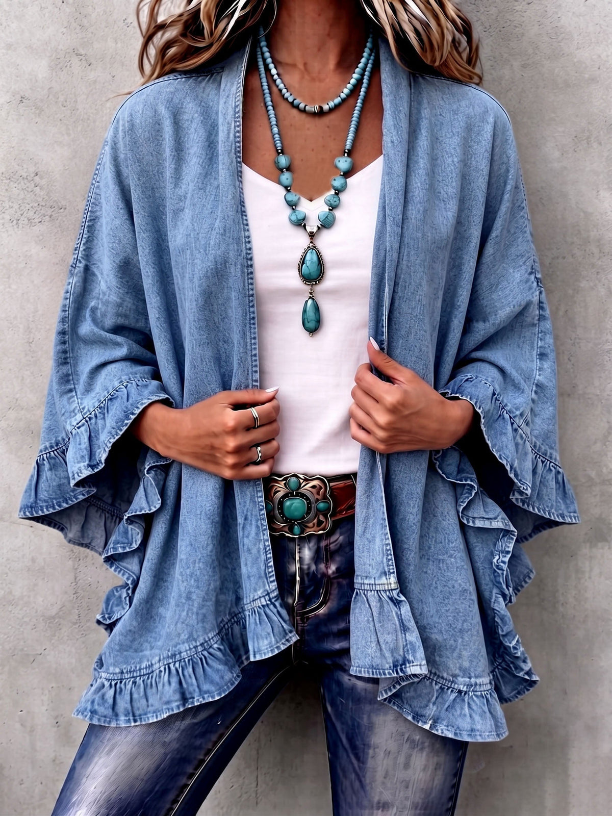 Corinne | Gilet en denim chic bohème à bordure volantée