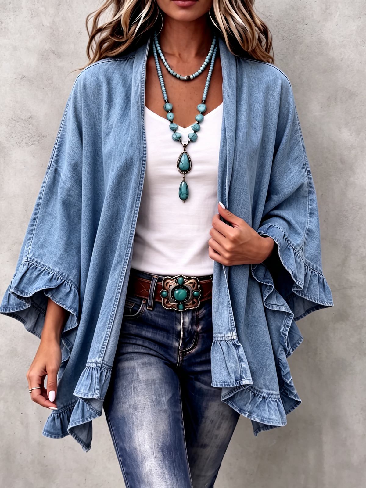 Corinne | Gilet en denim chic bohème à bordure volantée