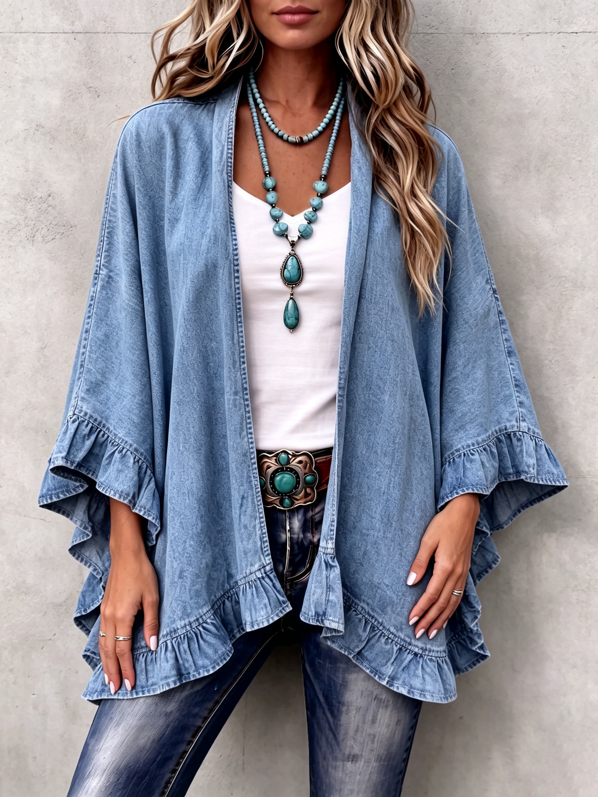 Corinne | Gilet en denim chic bohème à bordure volantée
