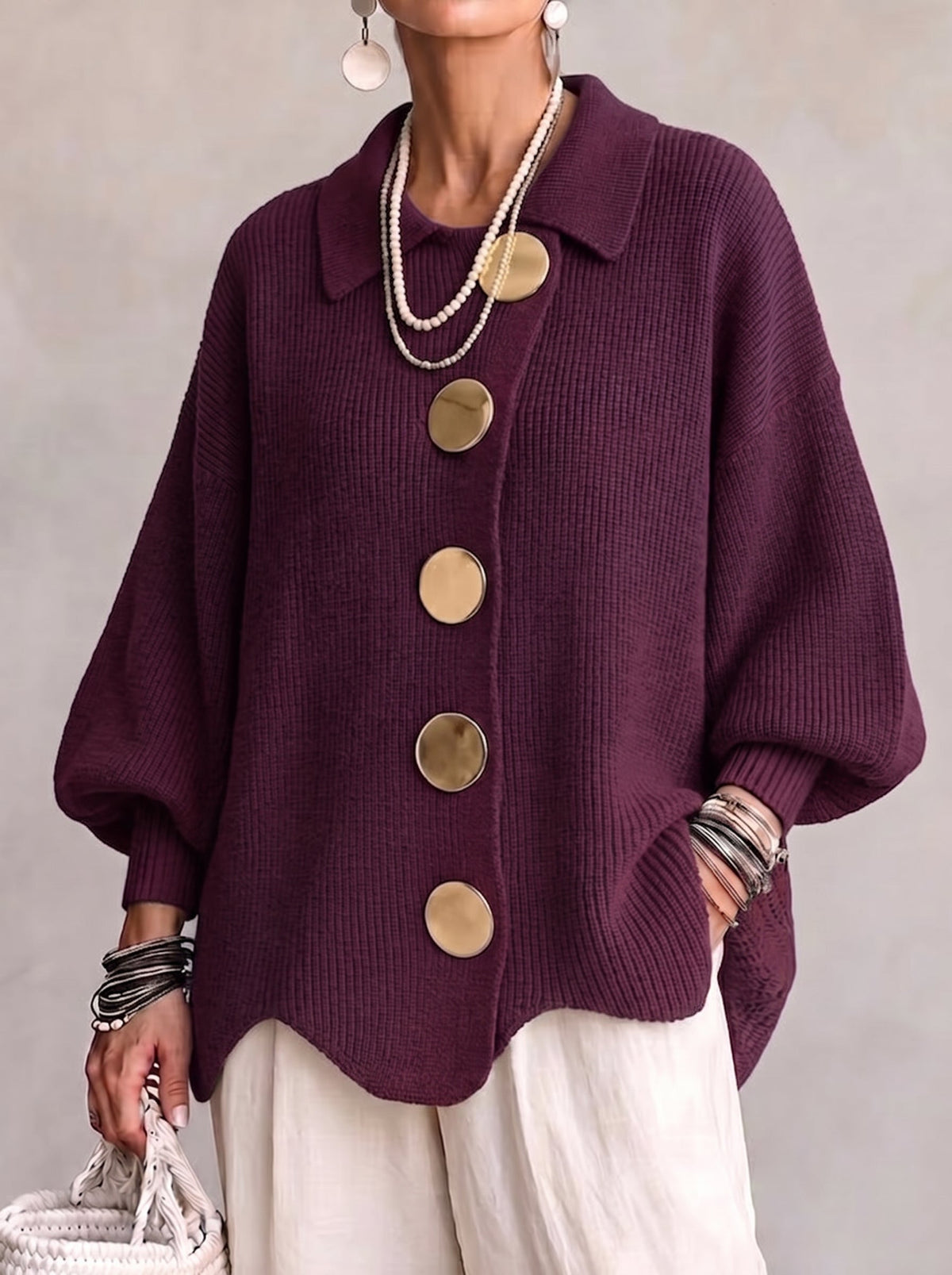 Valentine™ | Cardigan oversize à col avec gros boutons métalliques