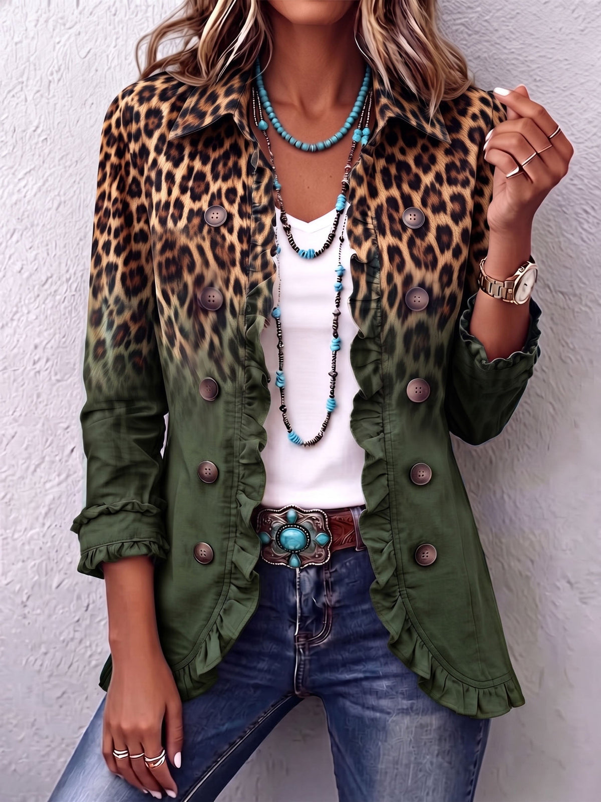 SOLANGE | Blazer léopard vert à volant