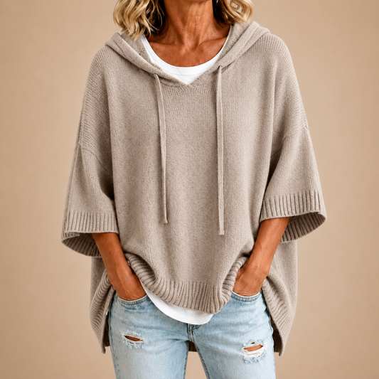 Poncho en maille à capuche taupe